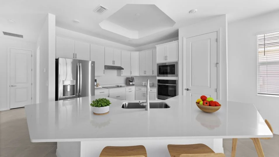 Open kitchen with a large island and tray ceiling