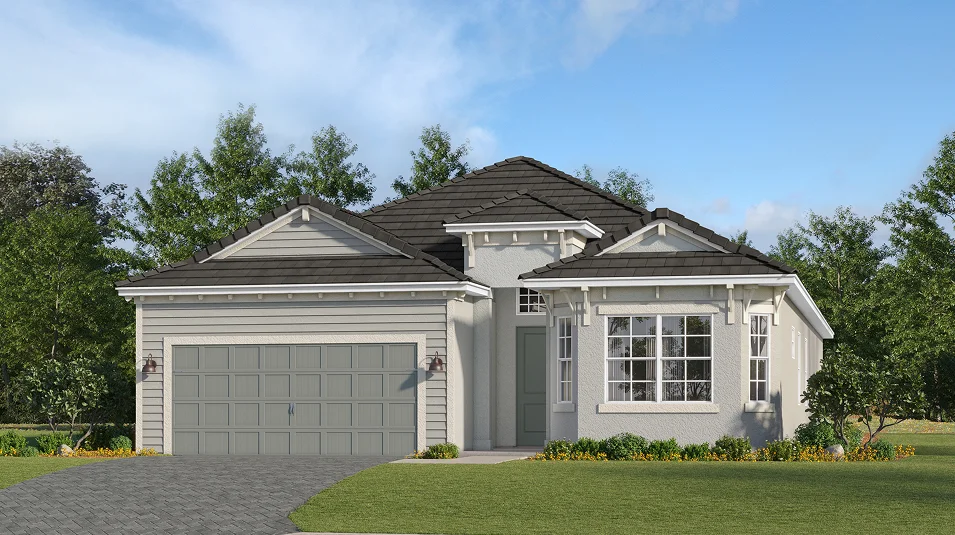 Rendering of a single-story home with a two-car garage and tile roof