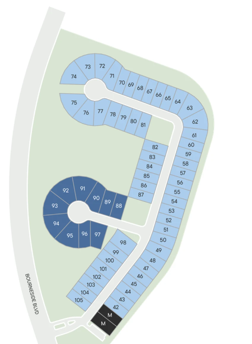 Site plan of Stillwater, north section, with available homesites highlighted